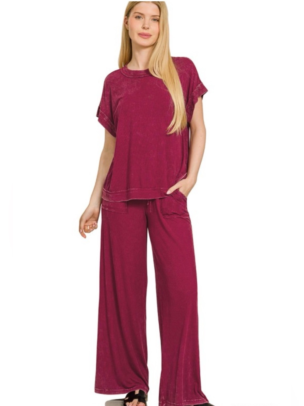 119. Women’s Cabernet Mineral-Wash Two-Piece Ribbed Set NEW